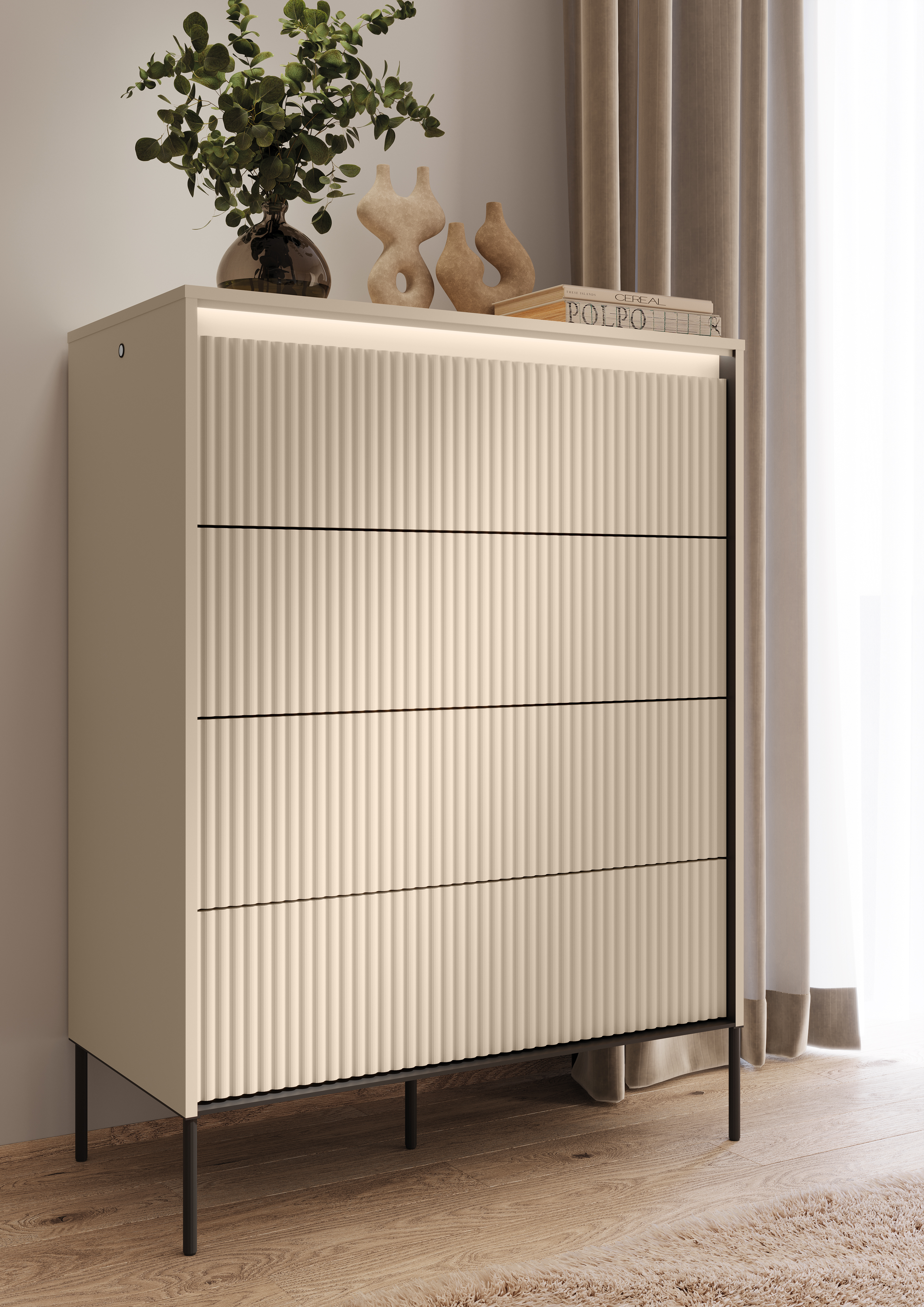 Design-Kommode TS-04 in modernem Schlafzimmer, stilvolle Einrichtung mit LED-Beleuchtung